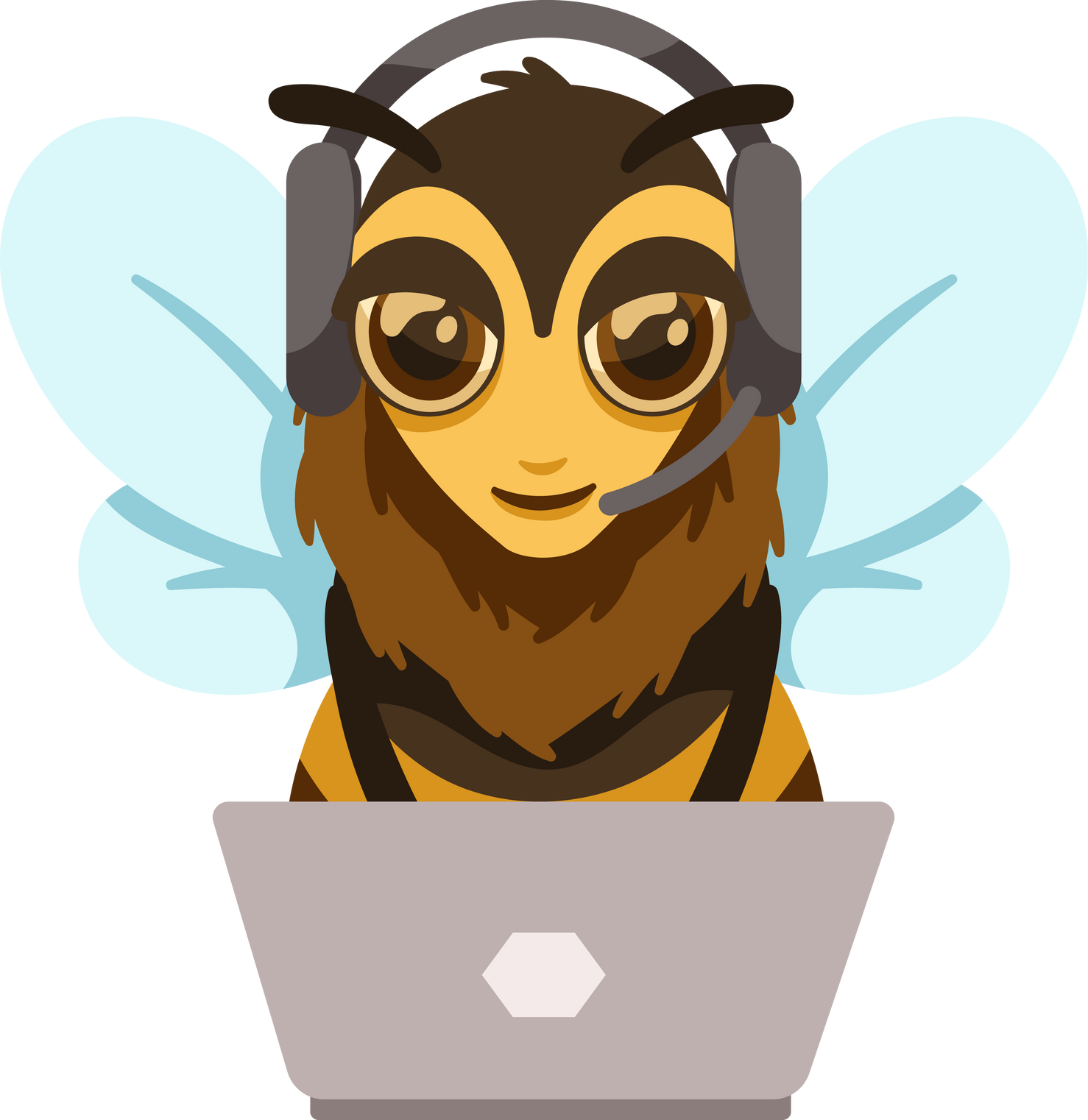 Cartoon office bees. Busy bee mascot for customer service or support. Honey bee with laptop computer vector illustration set